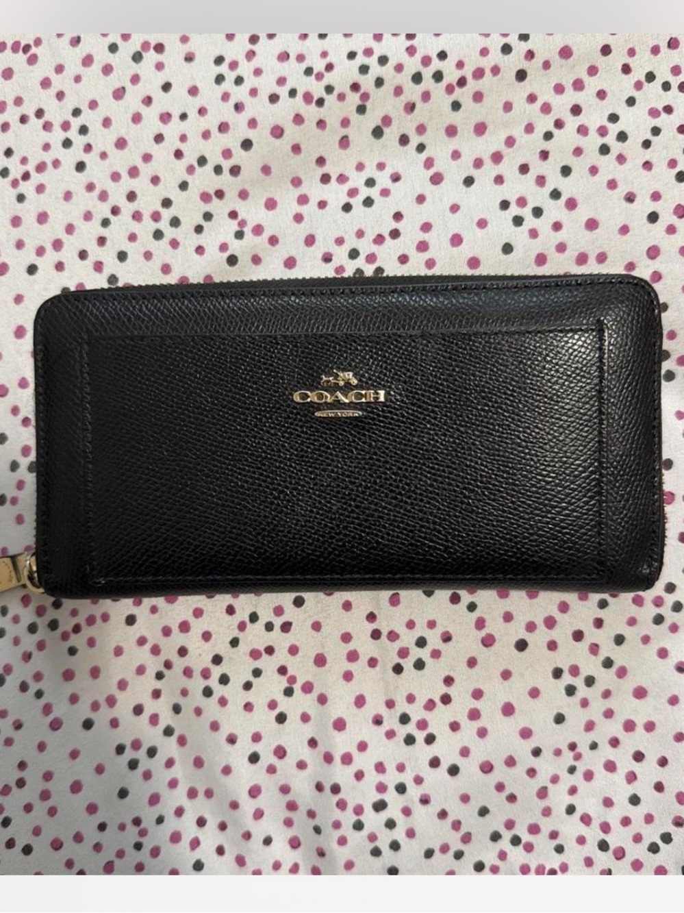 Coach Black Saffiano Zip-Around Wallet with Gold Logo